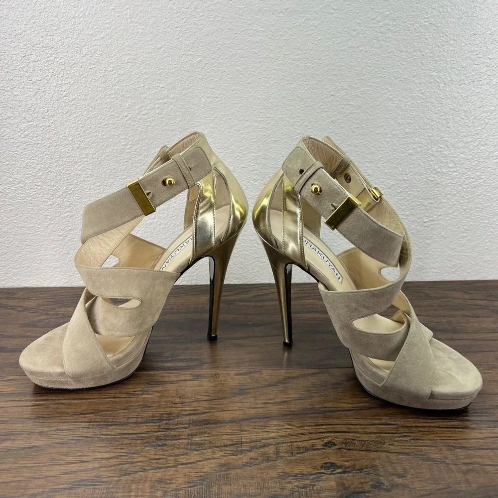 Burak Uyan Burakuyan Womens 37 US 7 Beige Gold Suede Leather Platform Heels